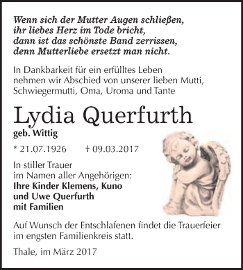 Traueranzeige von Lydia Querfurth von Super Sonntag Quedlinburg