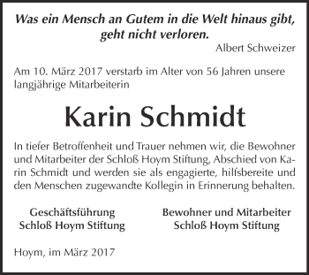 Traueranzeige von Karin Schmidt von Super Sonntag SGH Mansf. Land
