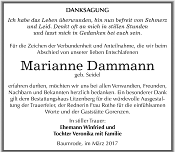 Traueranzeige von Marianne Dammann von Mitteldeutsche Zeitung Sangerhausen