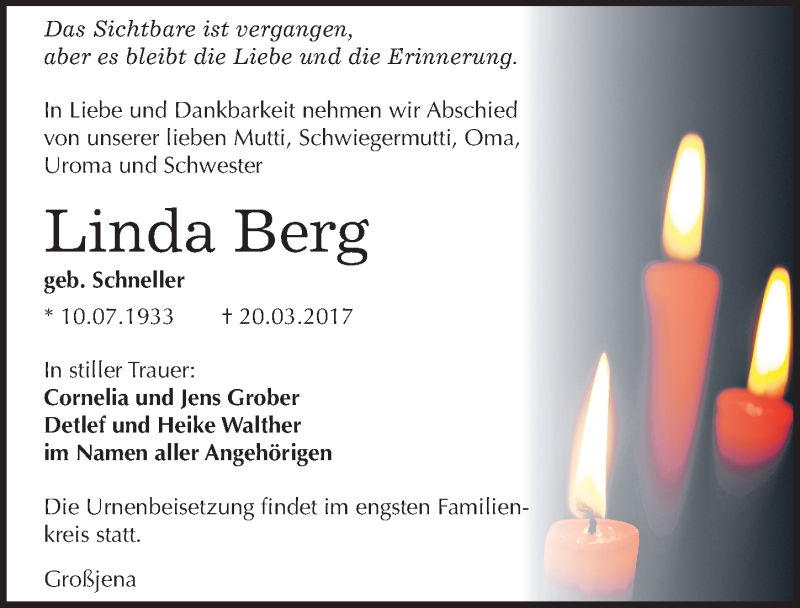  Traueranzeige für Linda Berg vom 25.03.2017 aus Mitteldeutsche Zeitung Naumburg/Nebra