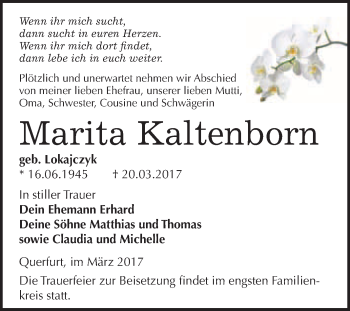Traueranzeige von Marita Kaltenborn von Super Sonntag Halle