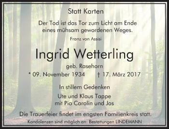 Traueranzeige von Ingrid Wetterling von Mitteldeutsche Zeitung Quedlinburg