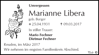 Traueranzeige von Marianne Libera von Super Sonntag Zeitz