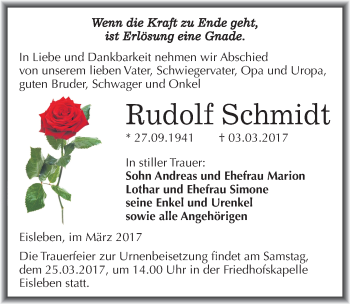 Traueranzeige von Rudolf Schmidt von Mitteldeutsche Zeitung Mansfelder Land