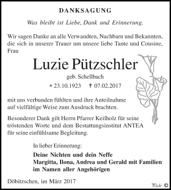Traueranzeige von Luzie Pützschler von Super Sonntag Zeitz