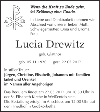 Traueranzeige von Lucia Drewitz von WVG - Wochenspiegel NMB / WSF / ZTZ