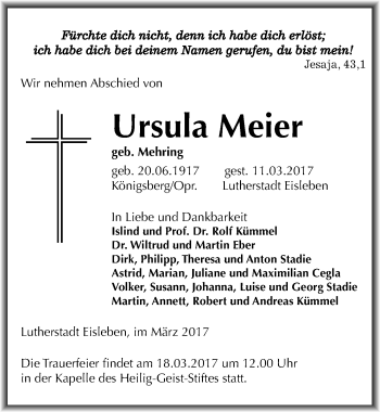 Traueranzeige von Ursula Meier von Mitteldeutsche Zeitung Mansfelder Land
