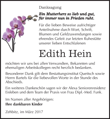 Traueranzeige von Edith Hein von Mitteldeutsche Zeitung Köthen