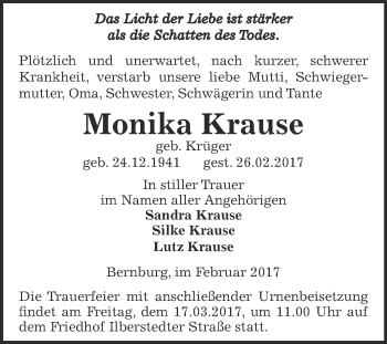 Traueranzeige von Monika Krause von Super Sonntag Bernburg