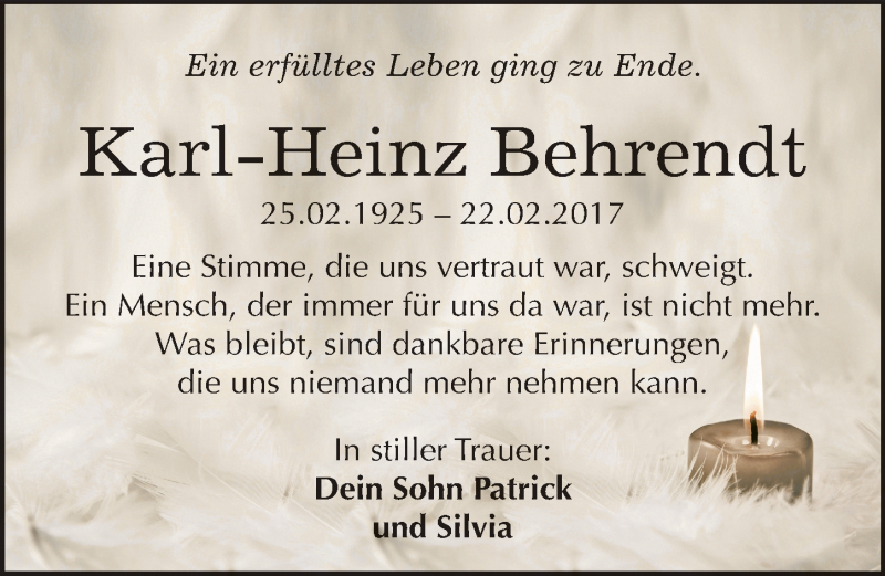  Traueranzeige für Karl-Heinz Behrendt vom 07.03.2017 aus Mitteldeutsche Zeitung Bitterfeld