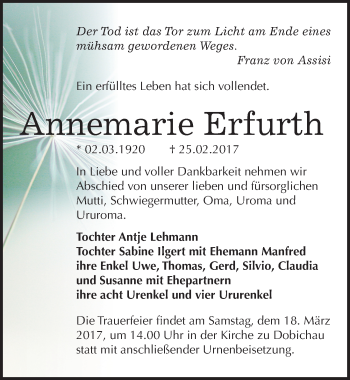 Traueranzeige von Annemarie Erfurth von Mitteldeutsche Zeitung Naumburg/Nebra