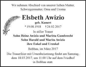 Traueranzeige von Elsbeth Awizio von WVG - Wochenspiegel Bitterfeld