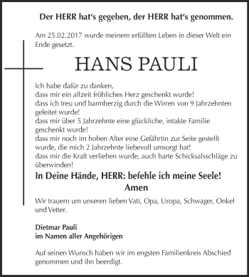 Traueranzeige von Hans Pauli von Super Sonntag Zeitz
