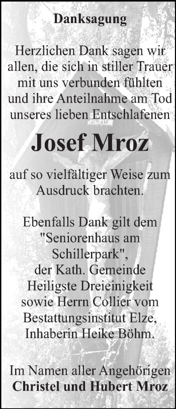 Traueranzeige von Josef Mroz von WVG - Wochenspiegel Dessau / Köthen