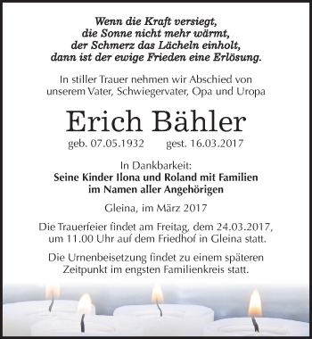 Traueranzeige von Erich Bähler von Mitteldeutsche Zeitung Naumburg/Nebra