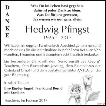Traueranzeige von Hedwig Pfingst von WVG - Wochenspiegel NMB / WSF / ZTZ