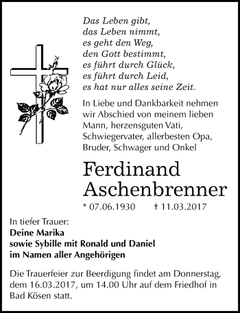 Traueranzeige von Ferdinand Aschenbrenner von Mitteldeutsche Zeitung Naumburg/Nebra