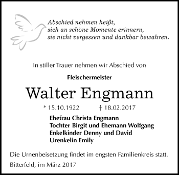 Traueranzeige von Walter Engmann von Mitteldeutsche Zeitung Bitterfeld