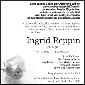 Traueranzeige von Ingrid Rein von Super Sonntag SGH Mansf. Land