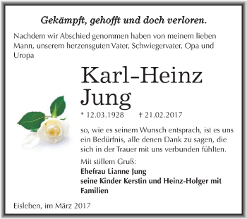 Traueranzeige von Karl-Heinz Jung von Super Sonntag SGH Mansf. Land