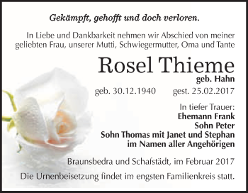 Traueranzeige von Rosel Thieme von Super Sonntag Halle