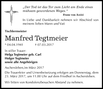 Traueranzeige von Manfred Tegtmeier von Mitteldeutsche Zeitung Aschersleben