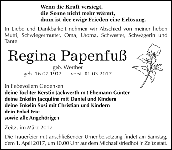 Traueranzeige von Regina Papenfuß von Mitteldeutsche Zeitung Zeitz