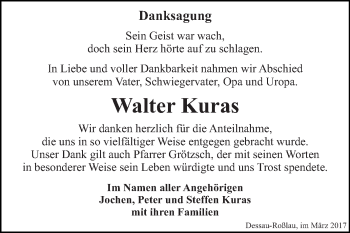 Traueranzeige von Walter Kuras von WVG - Wochenspiegel Dessau / Köthen