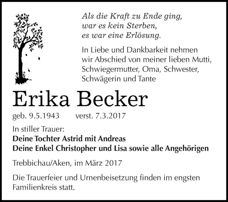  Traueranzeige für Erika Becker vom 11.03.2017 aus WVG - Wochenspiegel Dessau / Köthen