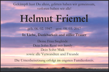 Traueranzeige von Helmut Friemel von WVG - Wochenspiegel Bitterfeld