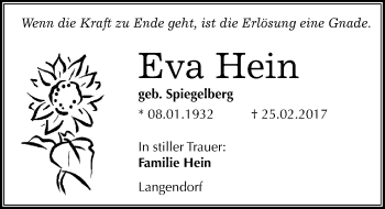 Traueranzeige von Eva Hein von Mitteldeutsche Zeitung Weißenfels