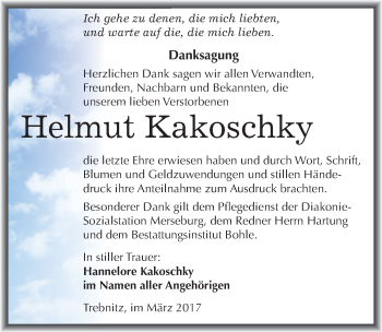 Traueranzeige von Helmut Kakoschky von Mitteldeutsche Zeitung Merseburg/Querfurt
