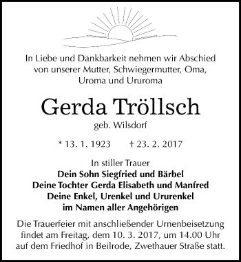 Traueranzeige von Gerda Tröllsch von Mitteldeutsche Zeitung Naumburg/Nebra