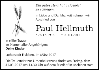 Traueranzeige von Paul Hellmuth von Mitteldeutsche Zeitung Mansfelder Land