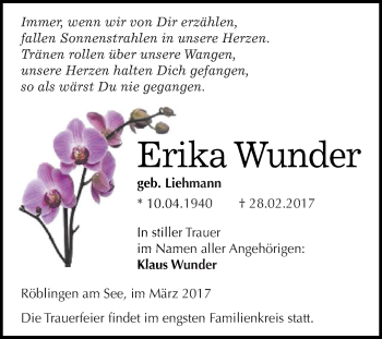Traueranzeige von Erika Wunder von Super Sonntag SGH Mansf. Land