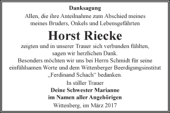 Traueranzeige von Horst Riecke von Super Sonntag Wittenberg