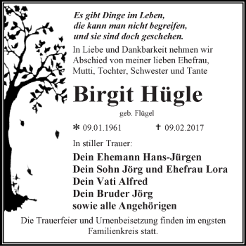 Traueranzeige von Birgit Hügle von WVG - Wochenspiegel Dessau / Köthen