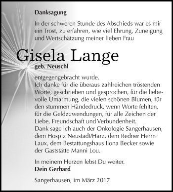 Traueranzeige von Gisela Lange von Super Sonntag SGH Mansf. Land