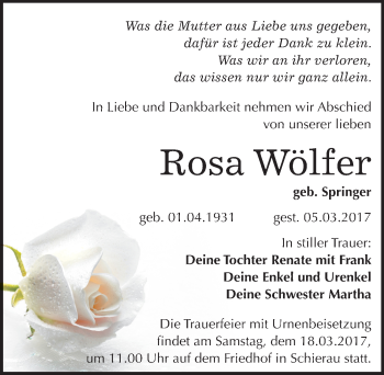 Traueranzeige von Rosa Wölfer von Mitteldeutsche Zeitung Bitterfeld
