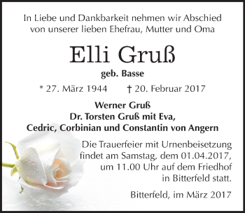 Traueranzeige von Elli Gruß von Mitteldeutsche Zeitung Bitterfeld