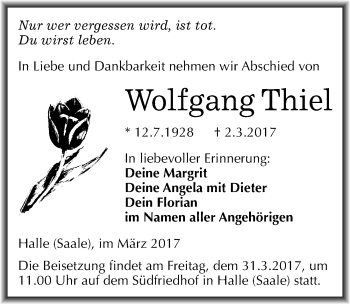 Traueranzeige von Wolfgang Thiel von Mitteldeutsche Zeitung Halle/Saalkreis