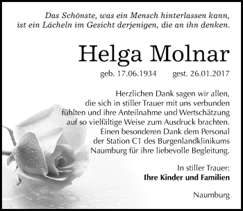 Traueranzeige von Helga Molnar von Mitteldeutsche Zeitung Naumburg/Nebra