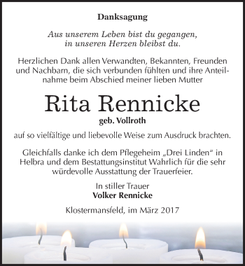 Traueranzeige von Rita Rennicke von Mitteldeutsche Zeitung Mansfelder Land