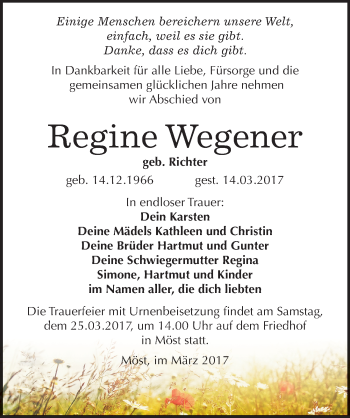 Traueranzeige von Regine Wegener von Mitteldeutsche Zeitung Bitterfeld