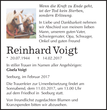 Traueranzeige von Reinhard Voigt von Mitteldeutsche Zeitung Mansfelder Land