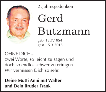 Traueranzeige von Gerd Butzmann von Mitteldeutsche Zeitung Wittenberg