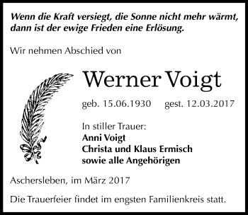 Traueranzeige von Werner Voigt von Mitteldeutsche Zeitung Aschersleben