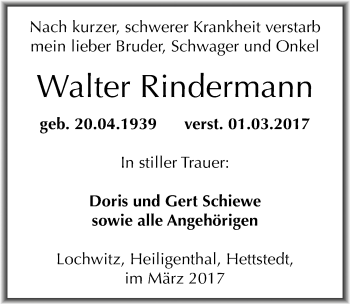 Traueranzeige von Walter Rindermann von Mitteldeutsche Zeitung Mansfelder Land