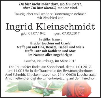 Traueranzeige von Ingrid Kleinschmidt von Mitteldeutsche Zeitung Naumburg/Nebra