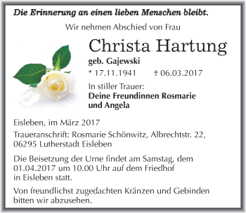 Traueranzeige von Christa Hartung von Mitteldeutsche Zeitung Mansfelder Land